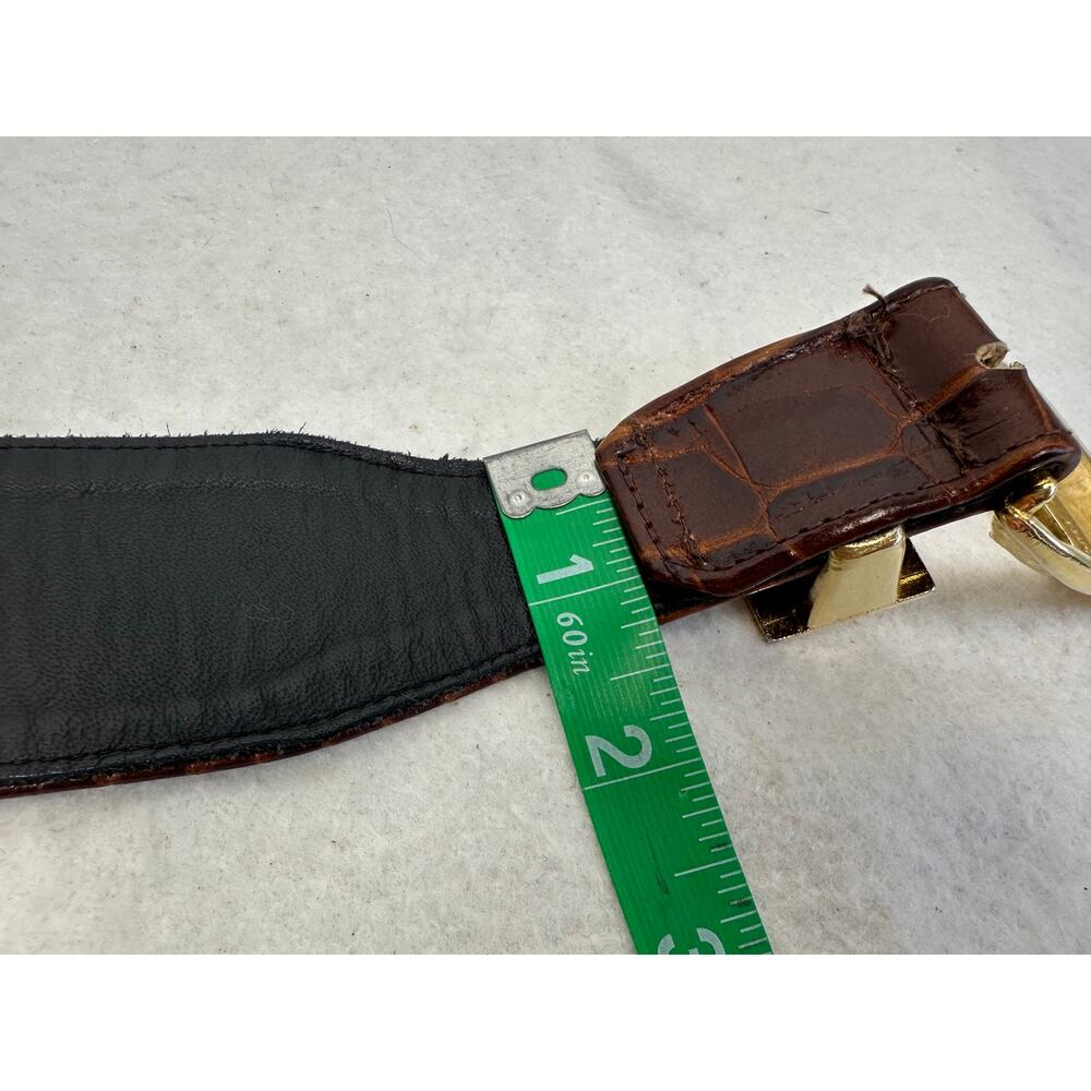 Brown Women's Crococile-Embossed Leather Belt Large Polished Gold Buckle Size SM - Picture 9 of 10